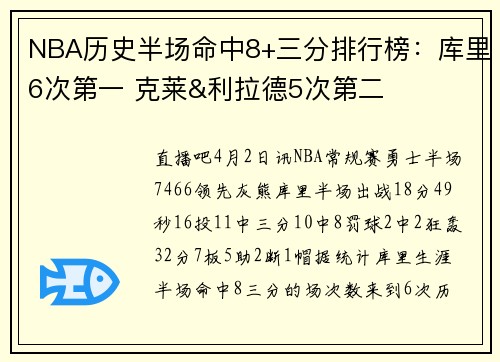 NBA历史半场命中8+三分排行榜：库里6次第一 克莱&利拉德5次第二